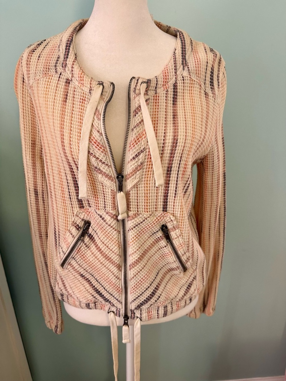 Free People Cream Striped Waffle-Knit Bomber Jacket